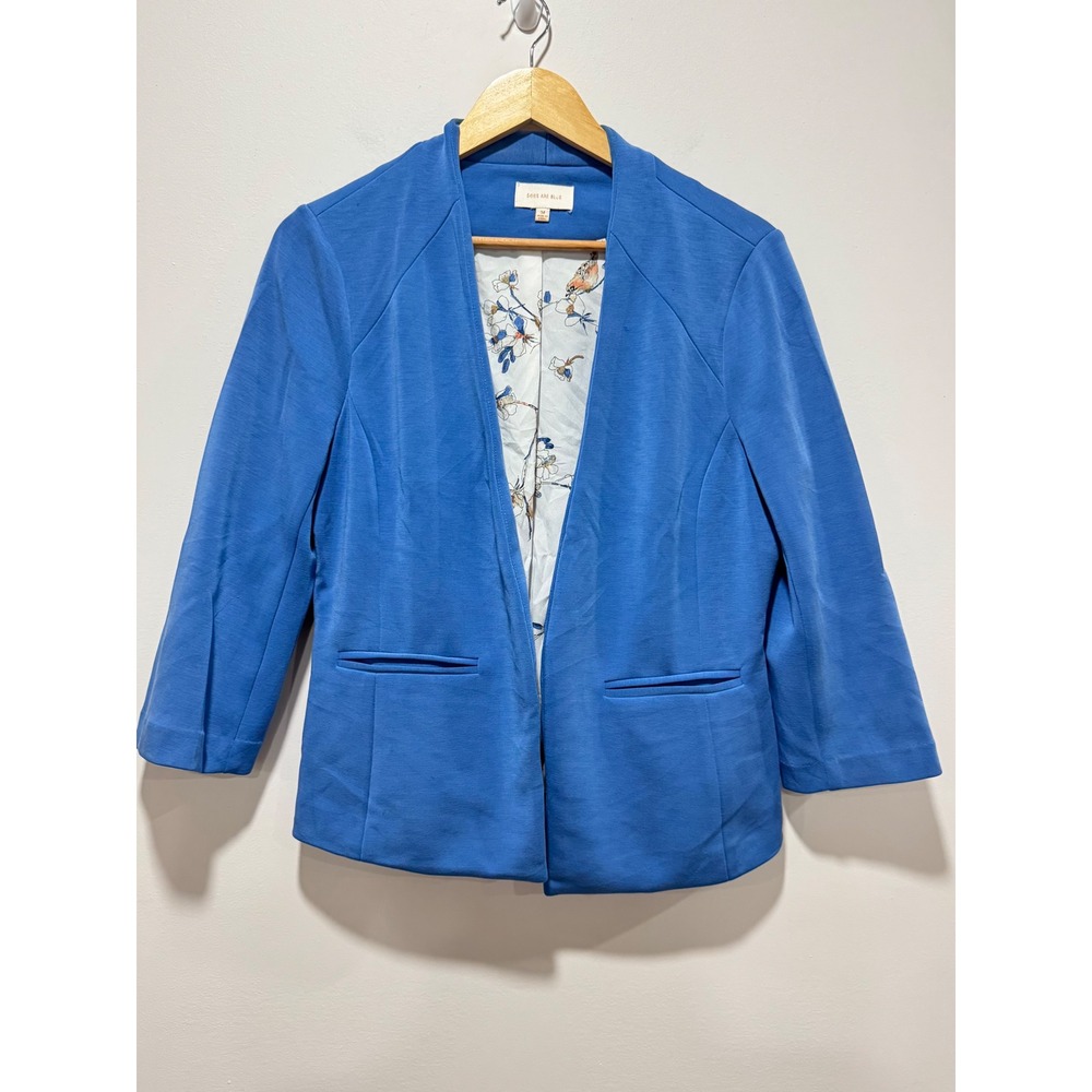 Skies Are Blue Women Medium Blue Open Front Blazer Bird Floral Lining 3/4 Sleeve